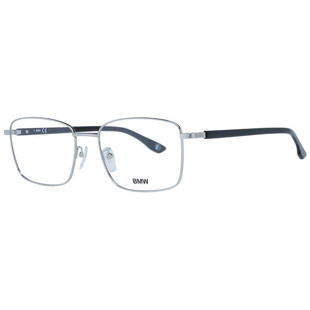 BMW Silver Men Glasses Frame in rectangle full-rim with metal and plastic material, demo lenses, size 56-18-145, silver frame color.