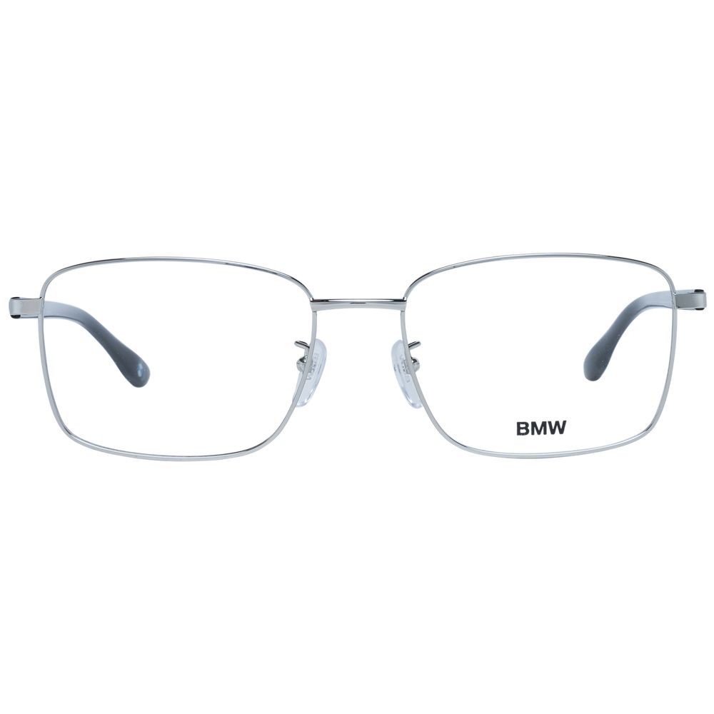 BMW Silver Men Glasses Frame, full-rim rectangle style with metal and plastic material, silver color, size 56-18-145.