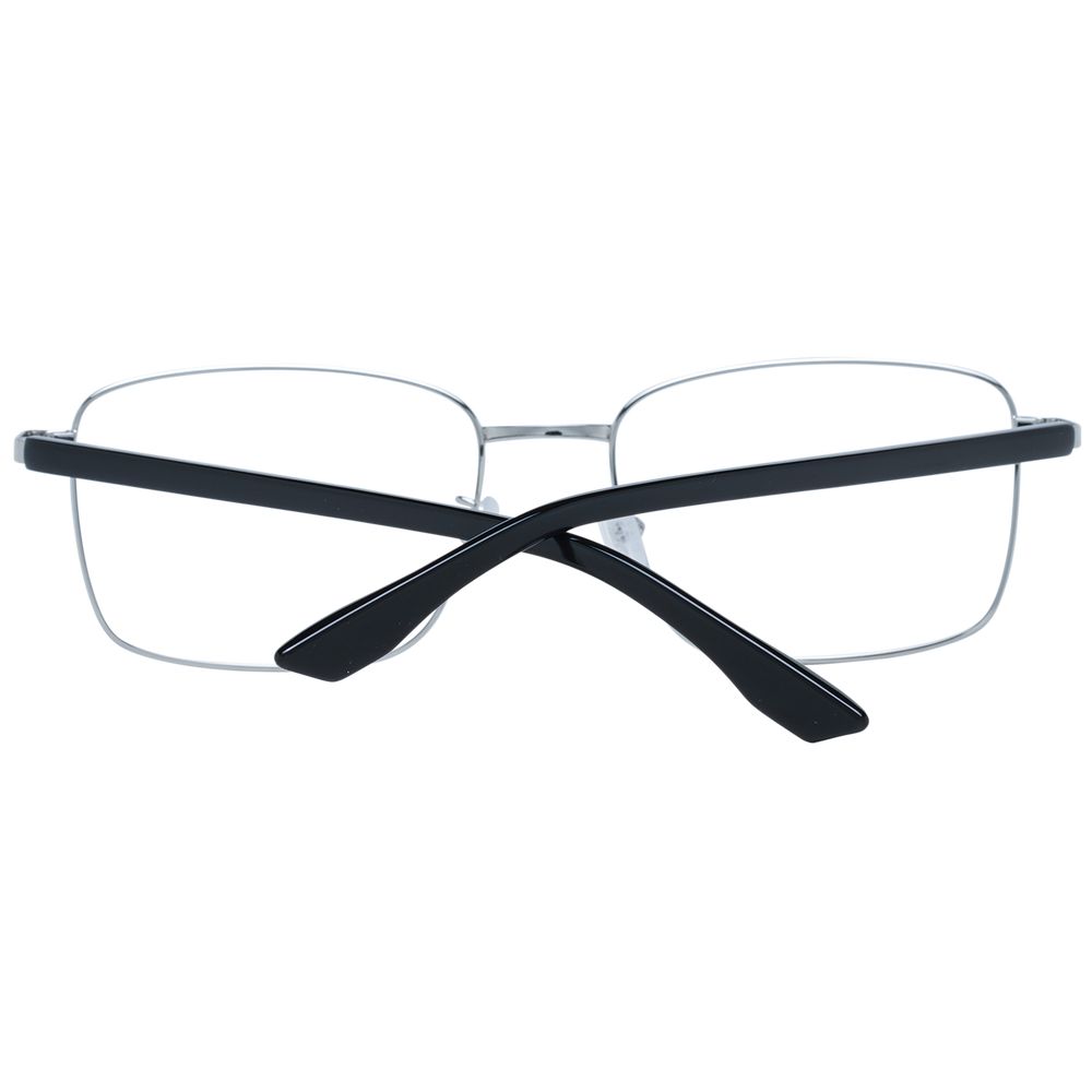 BMW Silver Men Glasses Frame, full-rim rectangle style with metal and plastic build, silver color, 56-18-145 size for men.
