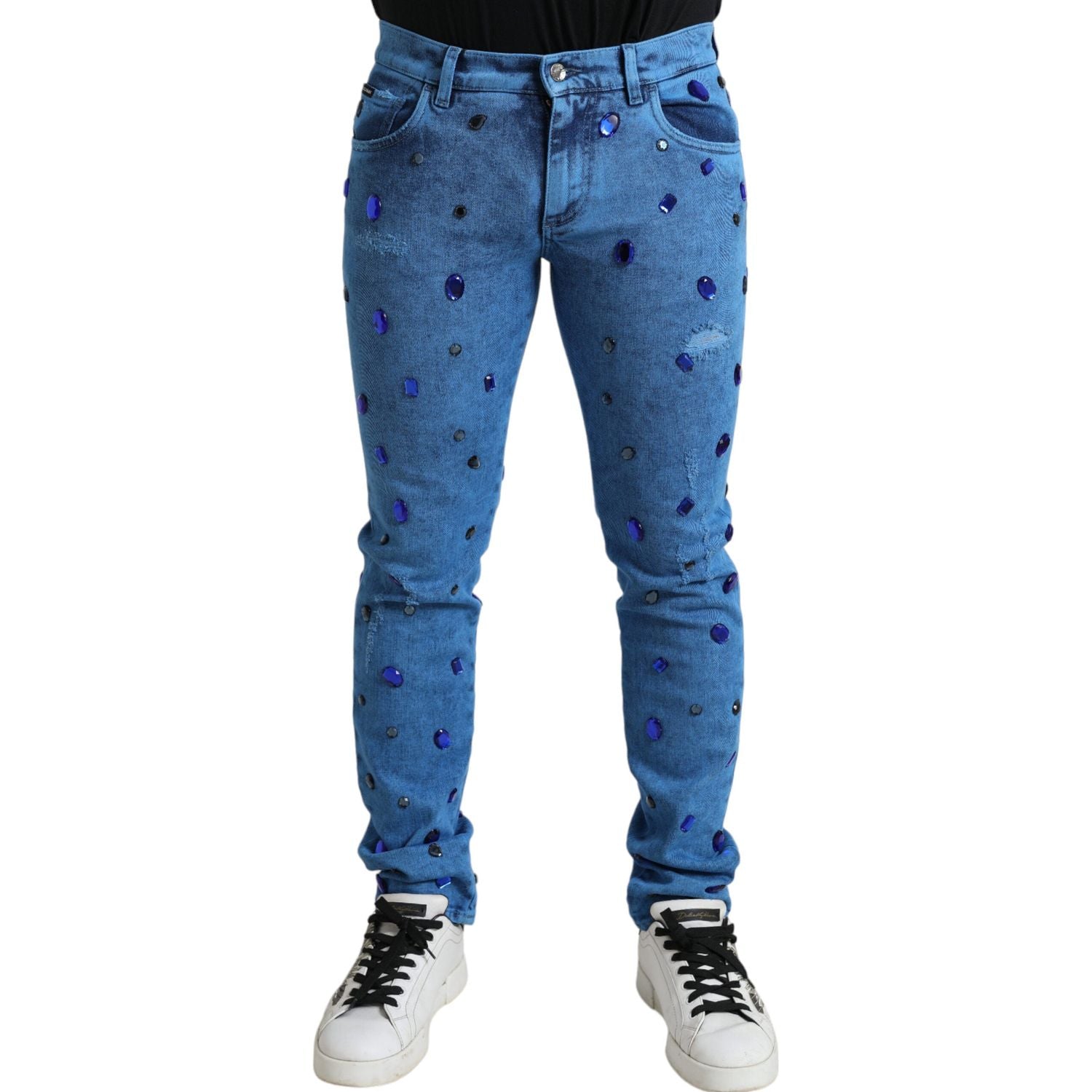 水晶缀饰紧身牛仔裤