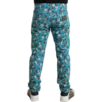 Dolce & Gabbana Blue Floral Print Skinny Cotton Denim Pants