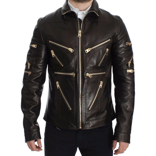 Dolce & Gabbana Elegant Brown Gold-Detailed Leather Jacket Dolce & Gabbana Black