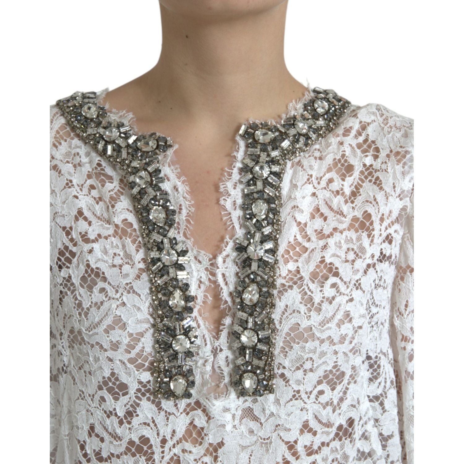 Dolce & Gabbana White Lace Crystal Embellished Shift Dress