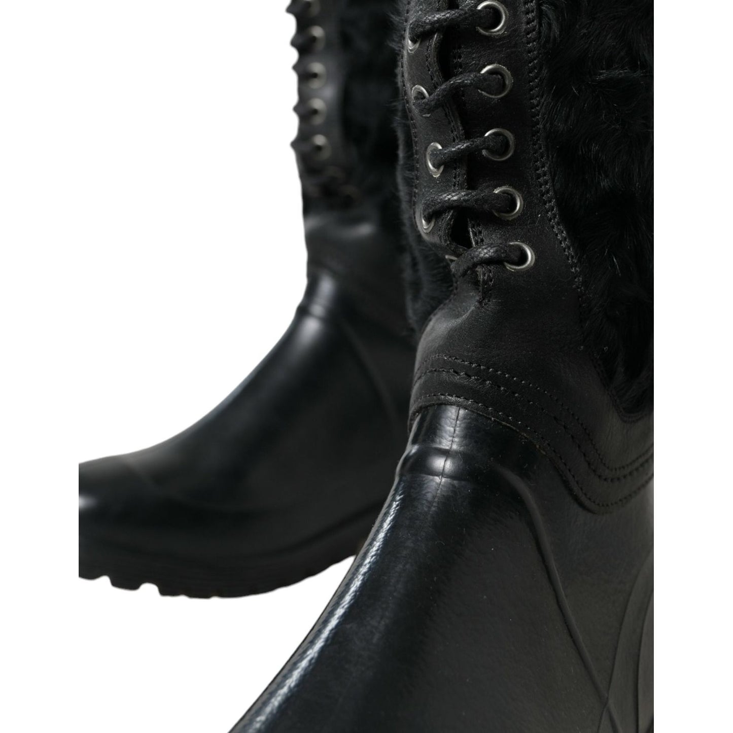 Dolce & Gabbana Black Rubber Lace Up Shearling Rain Boots Shoes