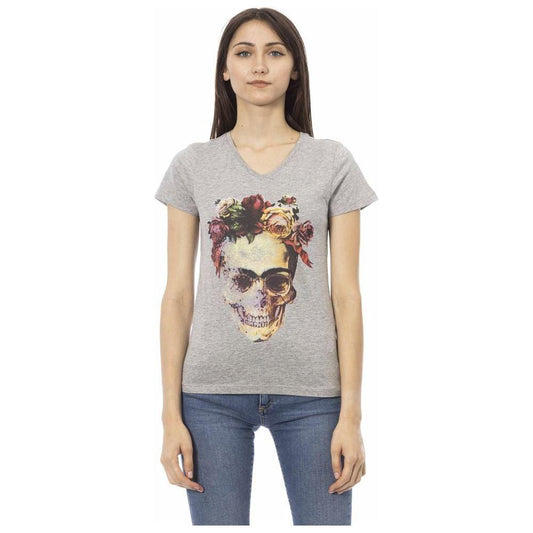 Trussardi Action Gray Cotton Women V-Neck Top TR-24176-XS