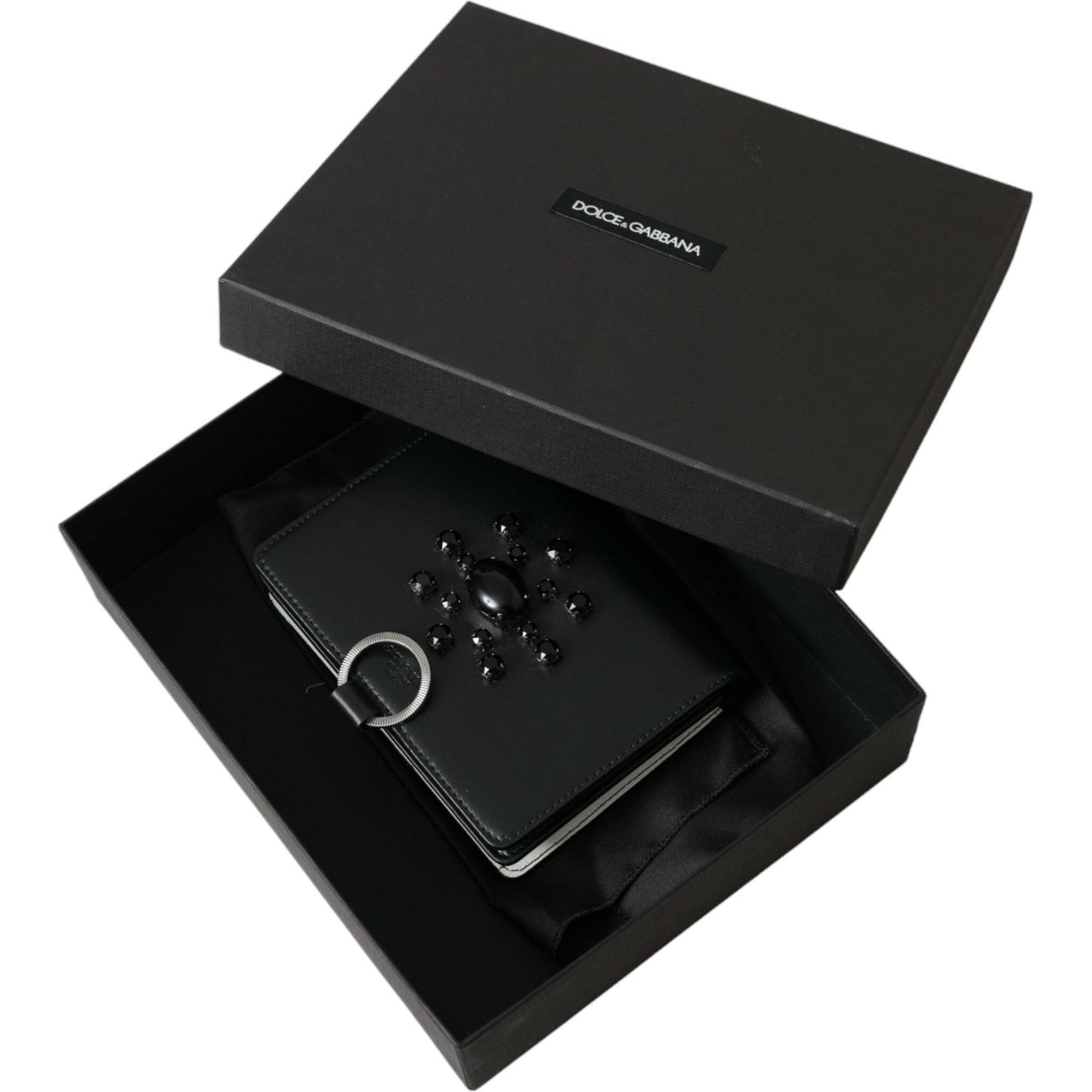 Dolce & Gabbana Black White Leather Crystal Embellished Cardholder Wallet