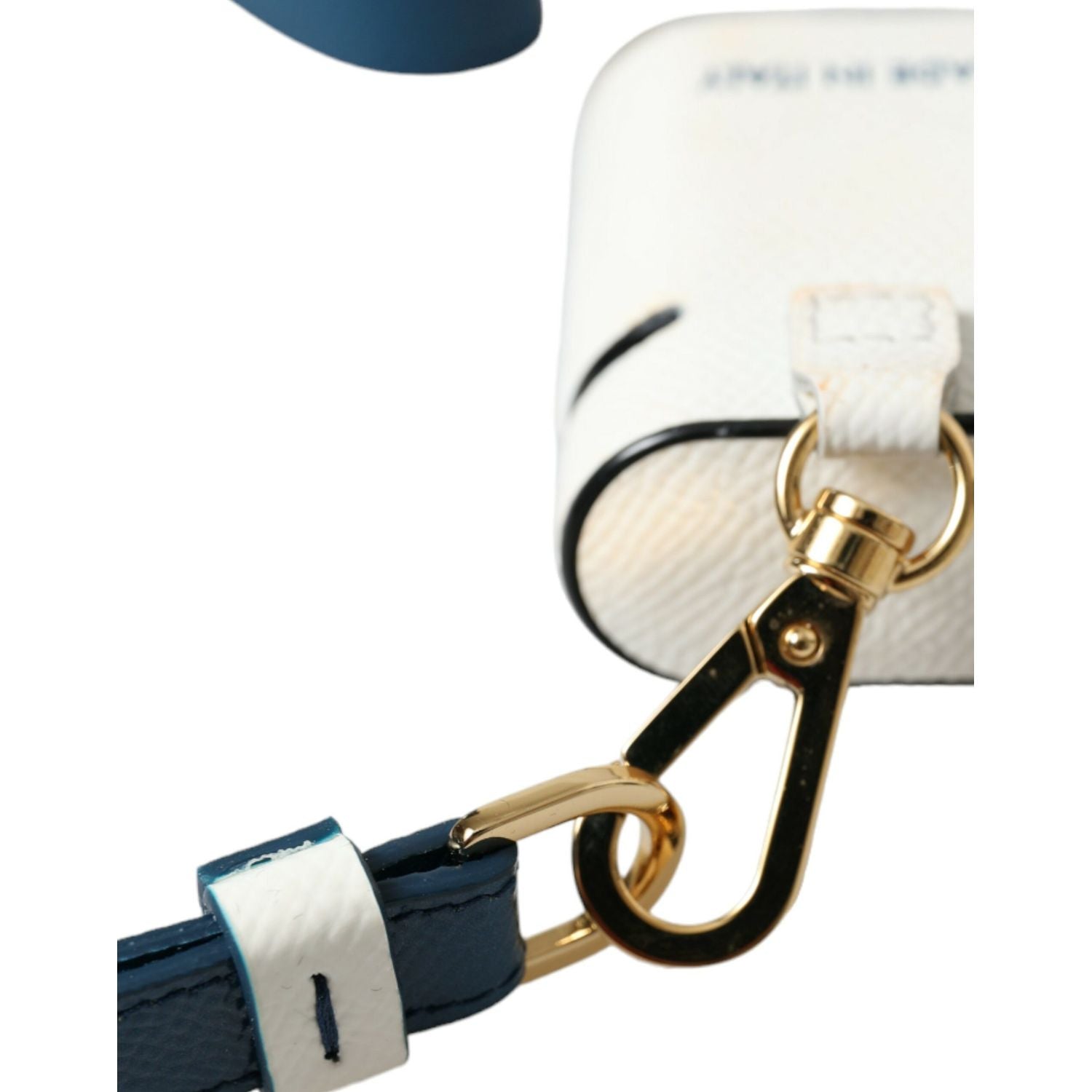 Dolce & Gabbana White Blue Calf Leather Logo Print Strap Airpods Case