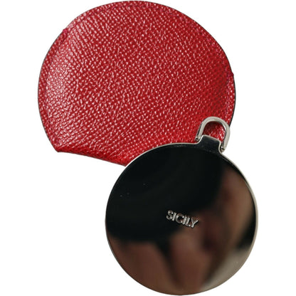 Dolce & Gabbana Red Calfskin Leather Round Logo Hand Mirror Holder