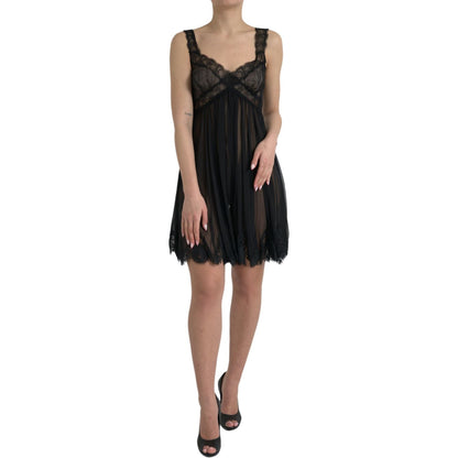 Dolce & Gabbana Black Silk Pleated Lace Chiffon Mini Dress