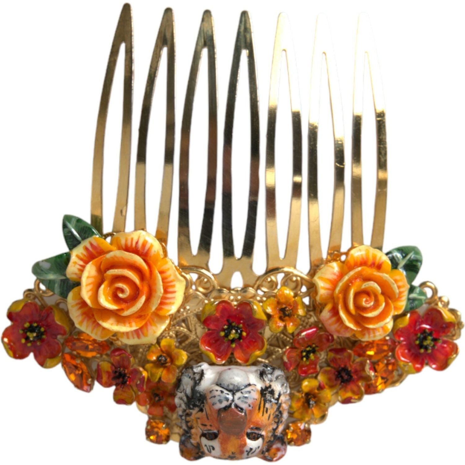 金色黄铜水晶豹纹花饰发梳