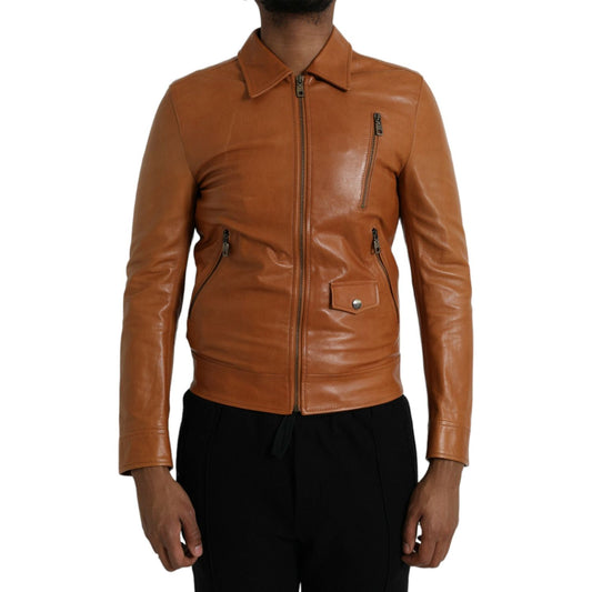 Dolce & Gabbana Brown Lamb Leather Full Zip Blouson Jacket Dolce & Gabbana Saddle Brown