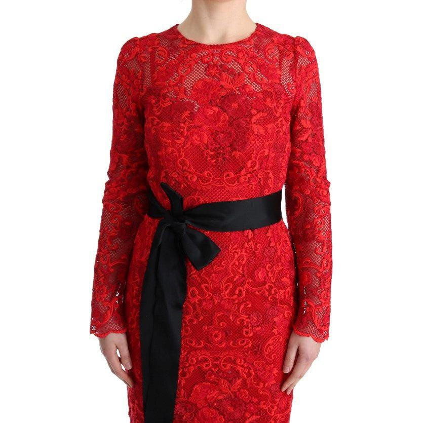 Dolce & Gabbana Red Floral Ricamo Sheath Long Dress WOMAN DRESSES