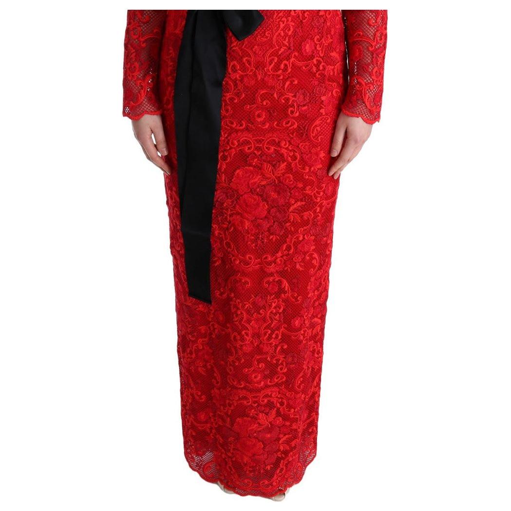 Dolce & Gabbana Red Floral Ricamo Sheath Long Dress WOMAN DRESSES