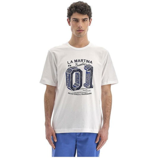 La Martina Equestrian Chic White Cotton Tee La Martina Light Gray