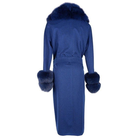 Made in Italy Blue Wool Women Coat with Fox Fur Collar and Edges Made in Italy Dark Slate Blue
