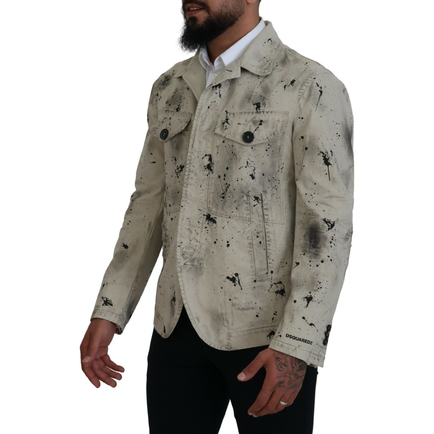 米白色黑色泼墨印花休闲牛仔夹克