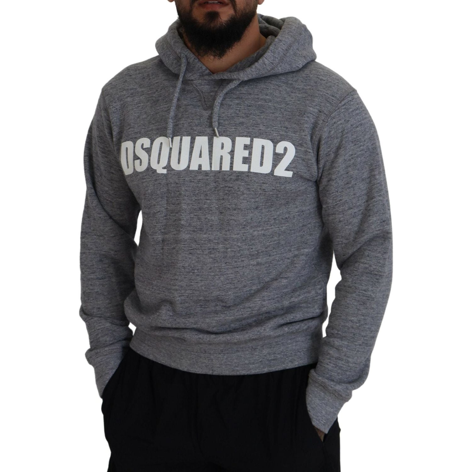 سترة رجالية من القطن الرمادي بغطاء رأس وطبعة شعار من Dsquared²