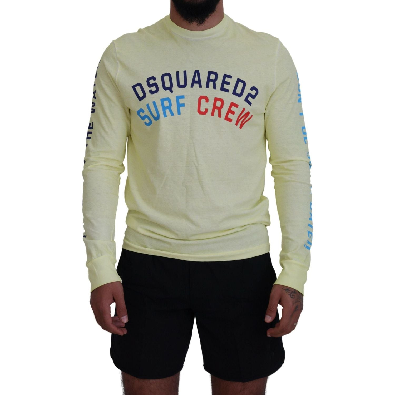 تي شيرت Dsquared² أصفر بطبعة ملونة بأكمام طويلة