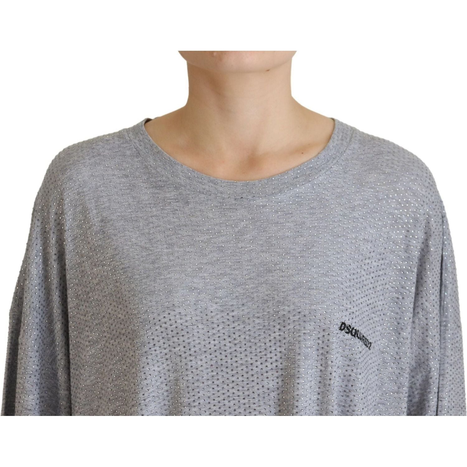 灰色水晶缀饰棉质长袖连衣裙