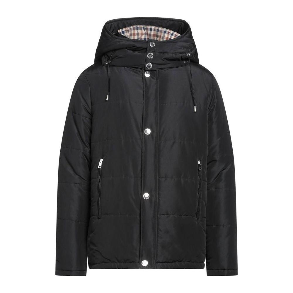سترة Aquascutum السوداء الأنيقة ذات غطاء الرأس القابل للإزالة