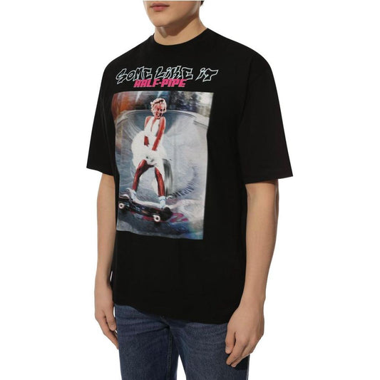 Diego Venturino Sleek Black Cotton T-Shirt with Signature Design Diego Venturino Rosy Brown