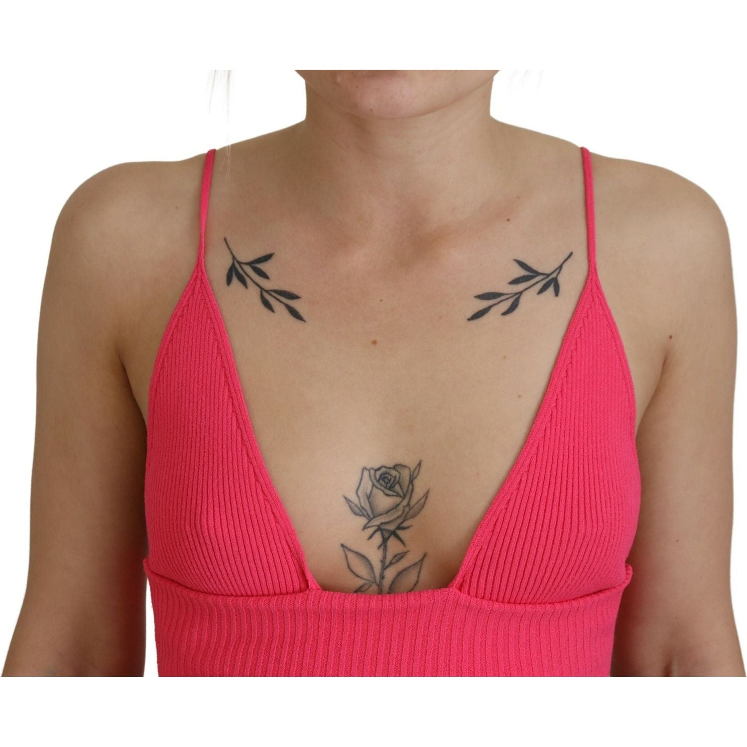 粉色罗纹针织胸罩短款细肩带上衣