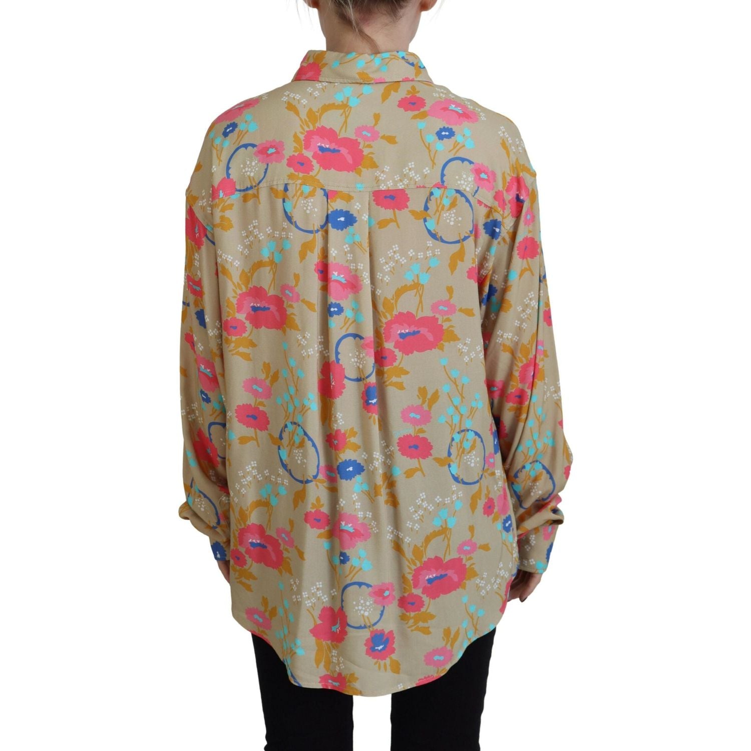 米色花卉领扣长袖衬衫