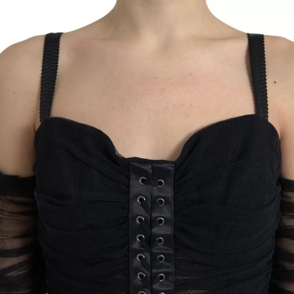 فستان دولتشي آند غابانا أسود مكشوف الكتفين من التول المطاطي متوسط ​​الطول