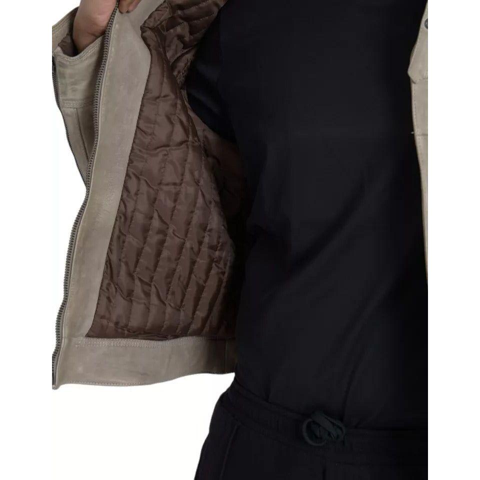 جاكيت بايكر من الجلد باللون البيج بسحاب كامل من دولتشي آند غابانا