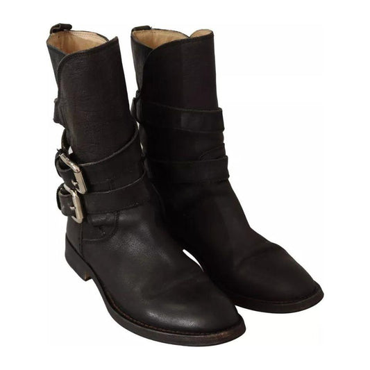 Dolce & Gabbana Black Leather Buckle Mid Calf Boots Shoes Dolce & Gabbana Black