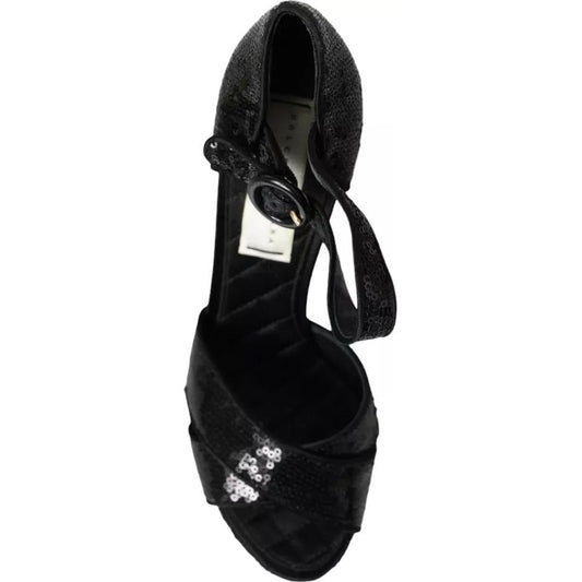 Dolce & Gabbana Black Sequin Ankle Strap Heels Sandals Shoes Dolce & Gabbana Black