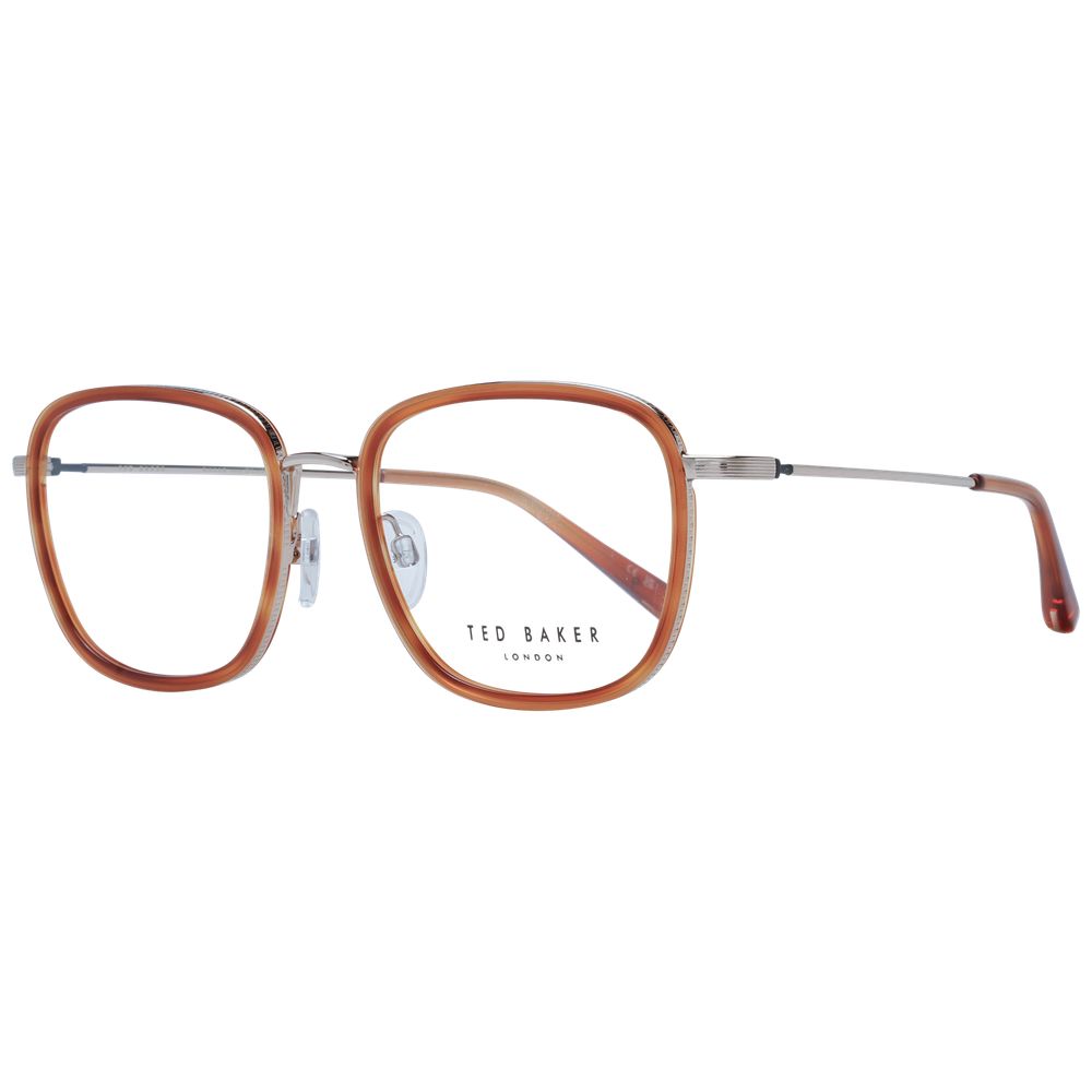 Ted Baker Brown Men Glasses Frame with full-rim metal rectangle style, demo lenses, and 140mm temples. Includes branded case.