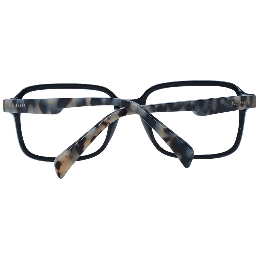 Ted Baker Black Men Glasses Frame in full-rim acetate with demo lenses, rectangle style, size 55-17-140, includes branded case.