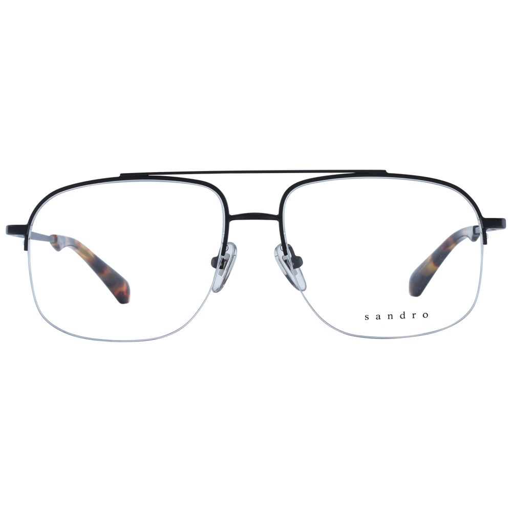 Sandro Black Men Glasses Frame, aviator style with black metal half-rim, demo lenses, size 57-16-145, includes branded case.