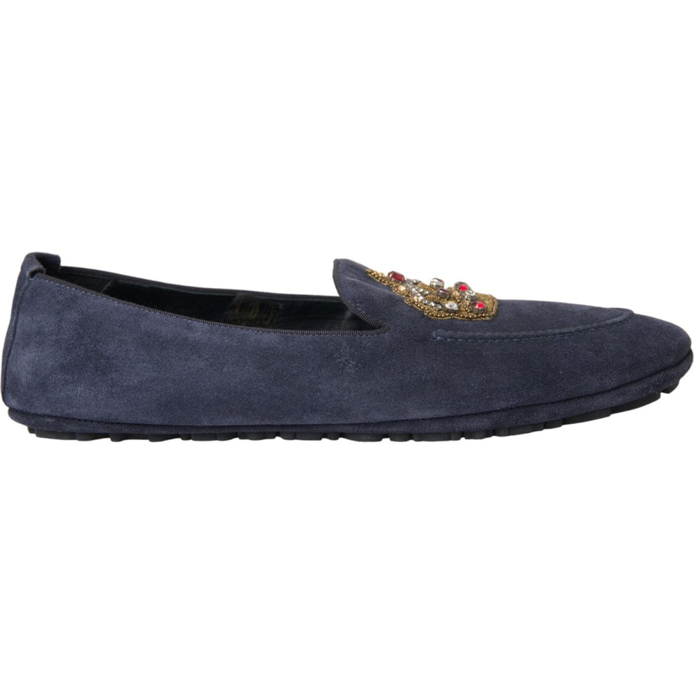 Dolce & Gabbana Blue Leather Suede Crystal Crown Loafers Shoes MV5713-40