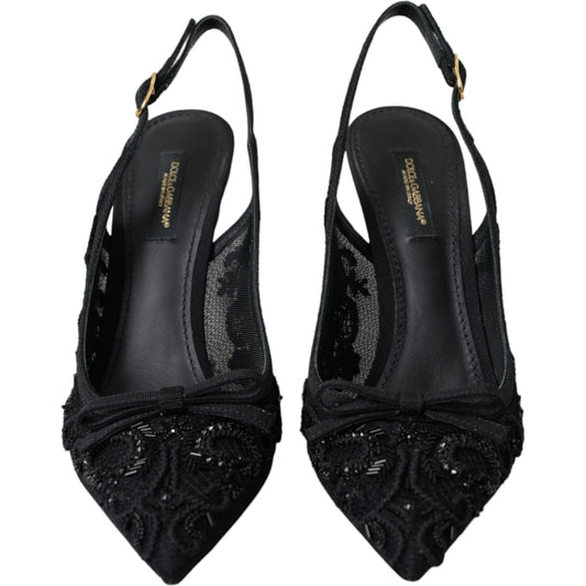 Dolce & Gabbana Black Tulle Ricamo Heels Slingbacks Shoes Dolce & Gabbana Black