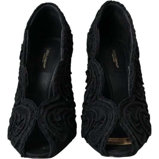Dolce & Gabbana Black Cordonetto Ricamo Pump Open Toe Shoes Dolce & Gabbana Black
