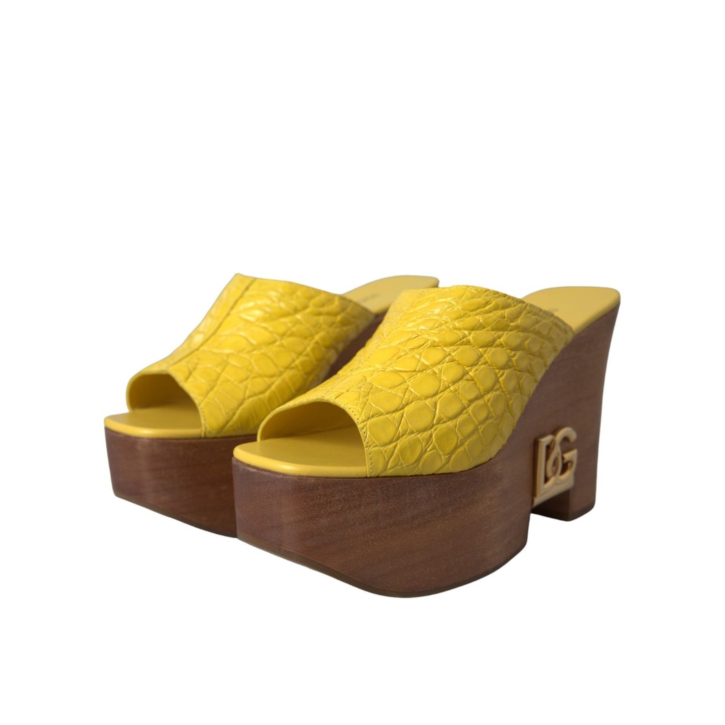 Dolce & Gabbana Yellow Leather Wood Mule Wedge Slides Shoes