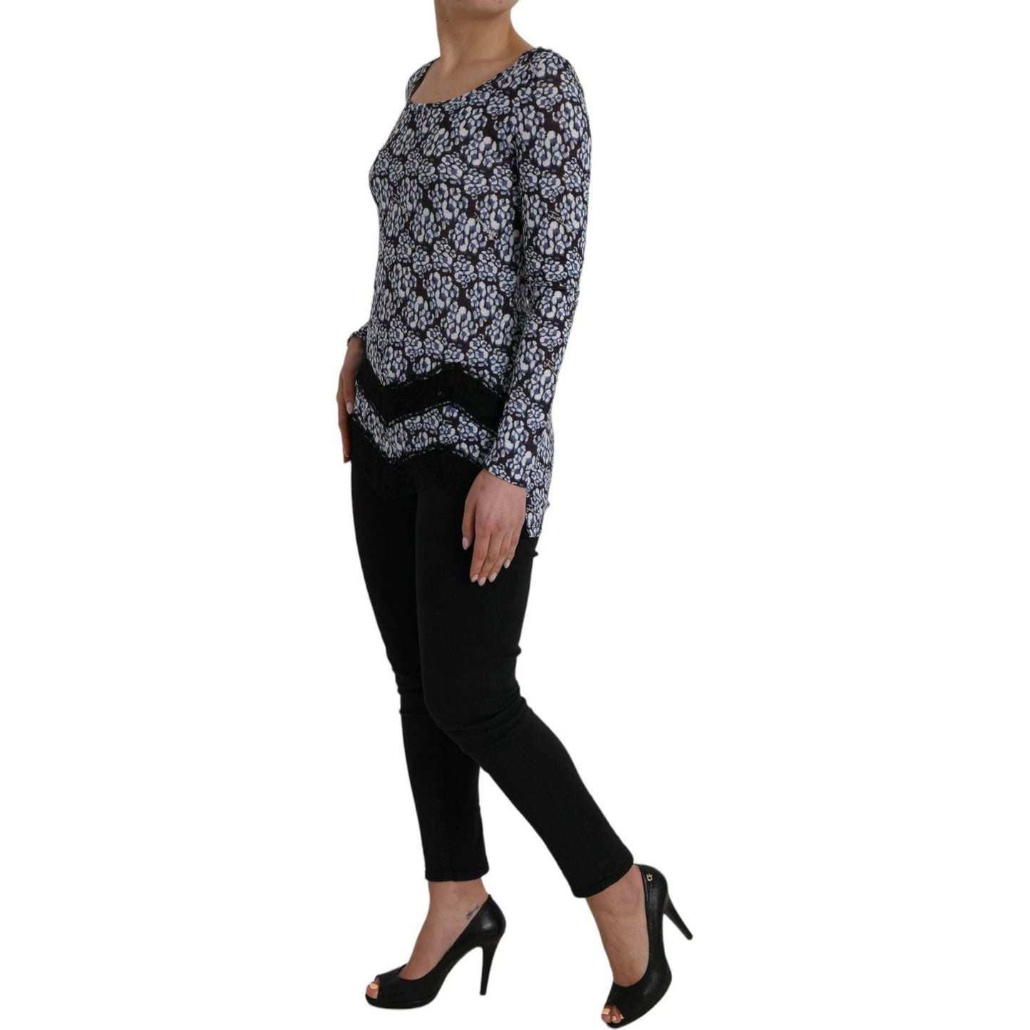 Just Cavalli Blue Floral Lace Long Sleeves Top Underwear Blouse TSH83365-42