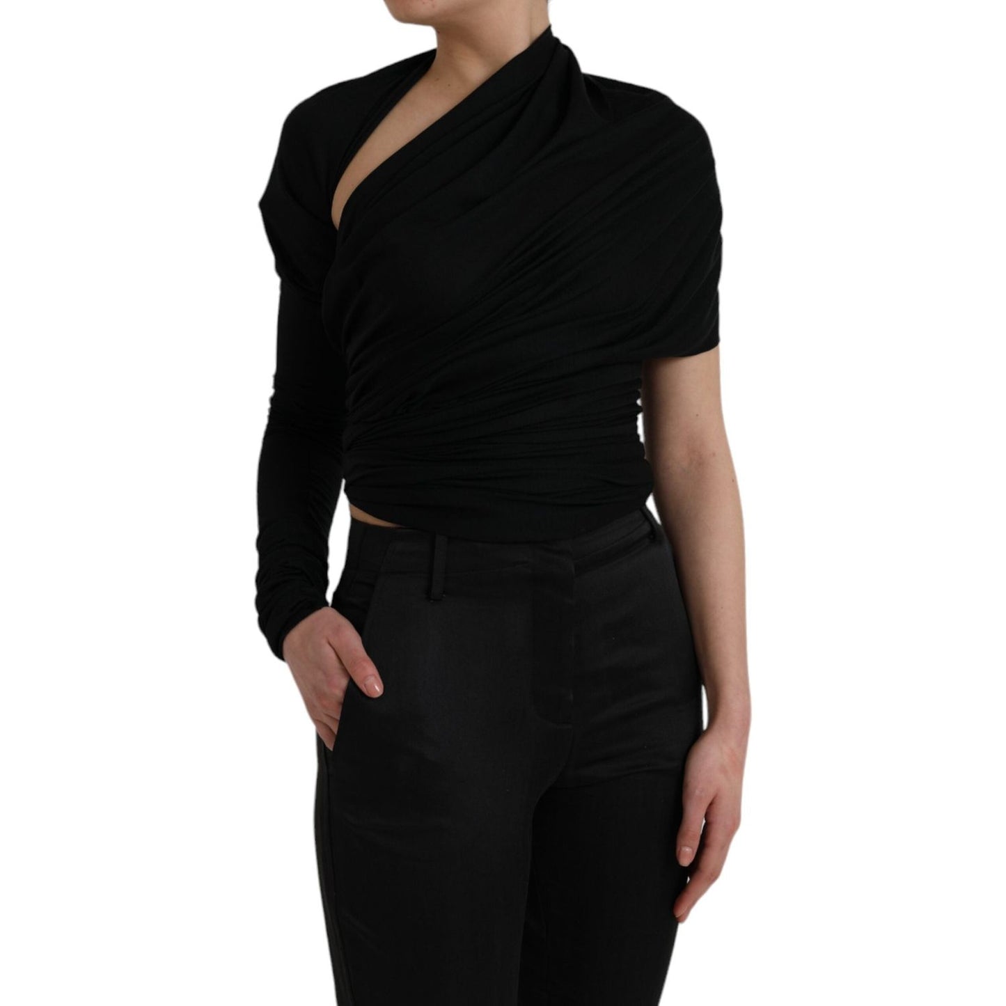 Dolce & Gabbana Black Wool Cutout Asymmetric Long Sleeve Top MS6454-36
