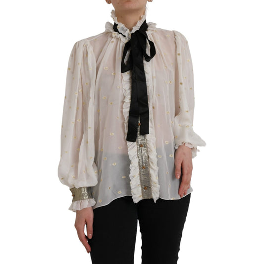 Dolce & Gabbana Off White Silk Blend Ascot Collar Blouse Top TSH851999-42