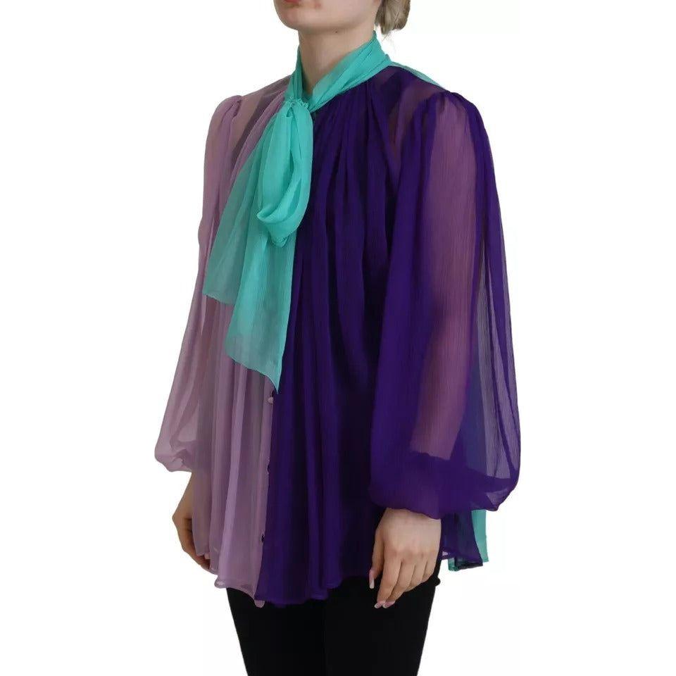 Dolce & Gabbana Multicolor Long Sleeves Ascot Collar Silk Top