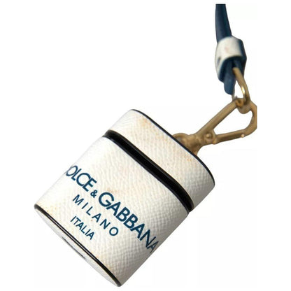 Dolce & Gabbana White Blue Calf Leather Logo Print Strap Airpods Case
