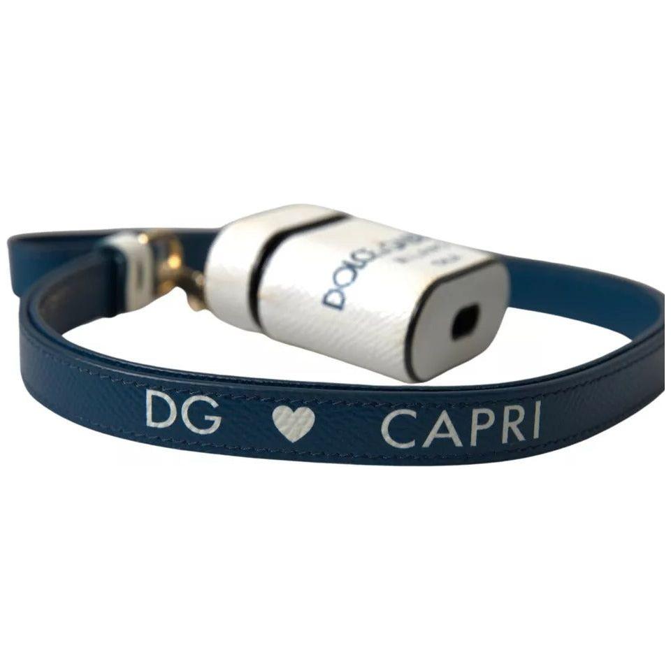 حافظة سماعات Airpods من دولتشي آند غابانا مصنوعة من جلد العجل باللون الأبيض والأزرق بطبعة شعار