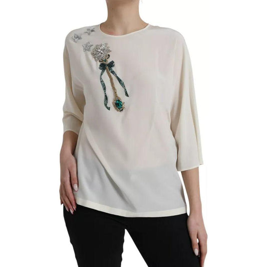 Dolce & Gabbana White Silk Crystal 3/4 Sleeves Blouse Top Dolce & Gabbana Gray