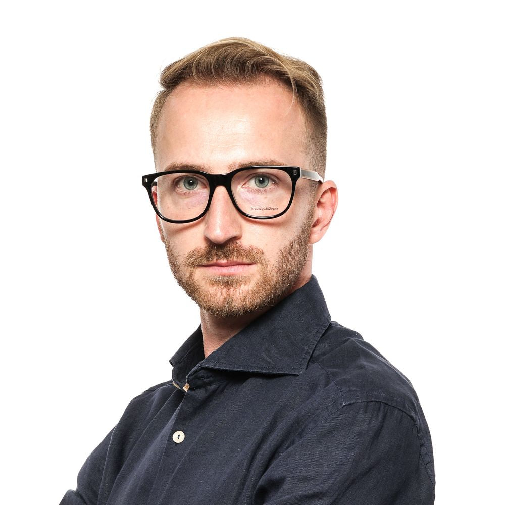 Man wearing Ermenegildo Zegna Black Men Glasses Frame with full-rim style in black plastic material.