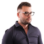 Man wearing Lozza Black Unisex Glasses Frame, black plastic full-rim style, with branded case included.