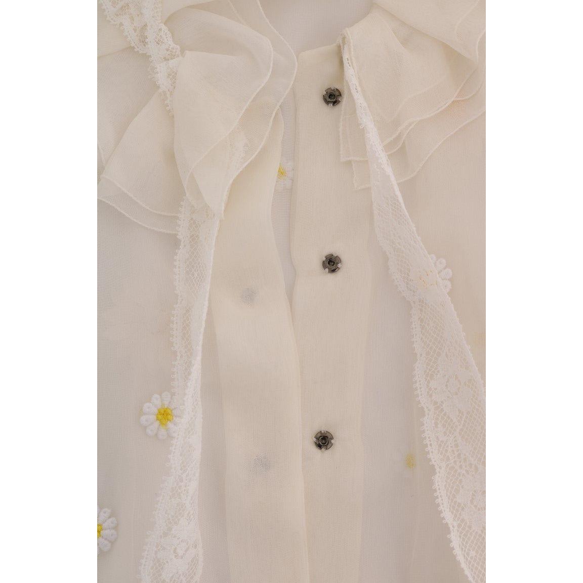 Dolce & Gabbana White Daisy Applique Silk Shirt