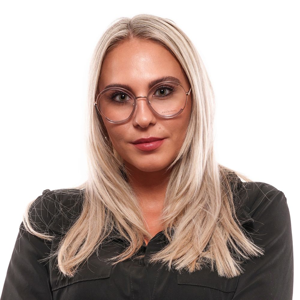 Woman wearing Emilio Pucci Purple Women Glasses Frame, round full-rim style with metal & plastic frame and demo lenses.