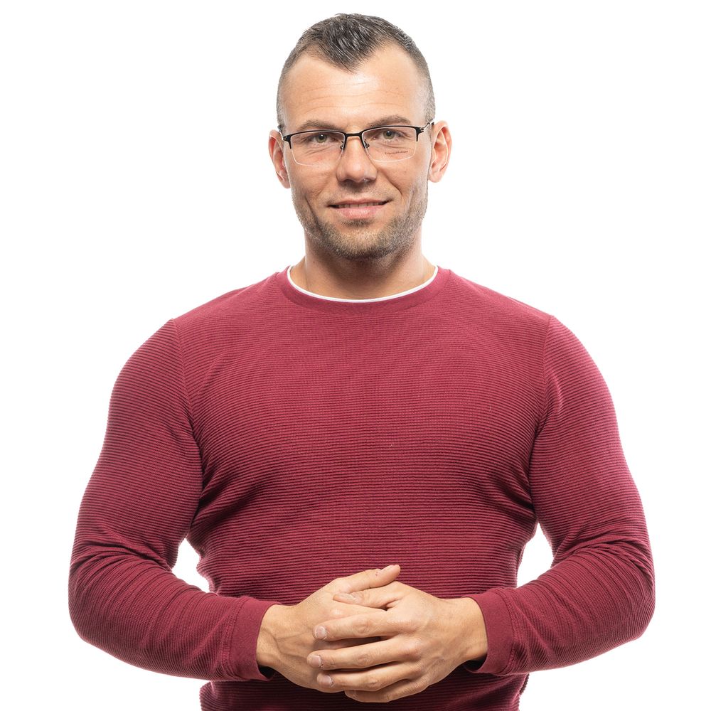 Man wearing Ermenegildo Zegna Black Men Glasses Frame, half-rim, metal, 55-17-145 dimensions, black color, with a branded case.
